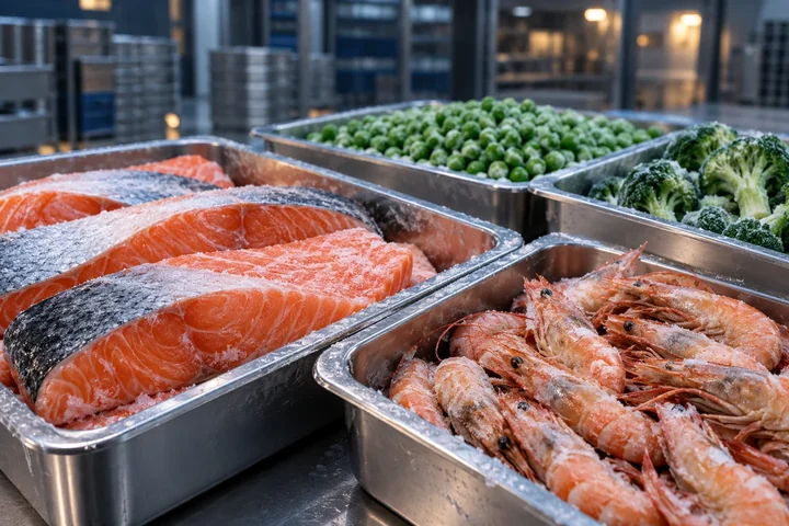 Frosted salmon fillets, prawns, green peas and broccoli in food-grade trays