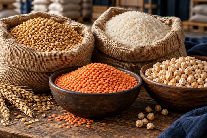 Individual sacks and bowls of wheat, rice, red lentils and chickpeas