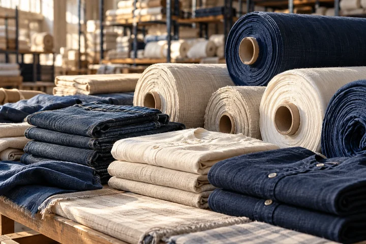 Textured cotton and linen fabric rolls with folded wholesale garments