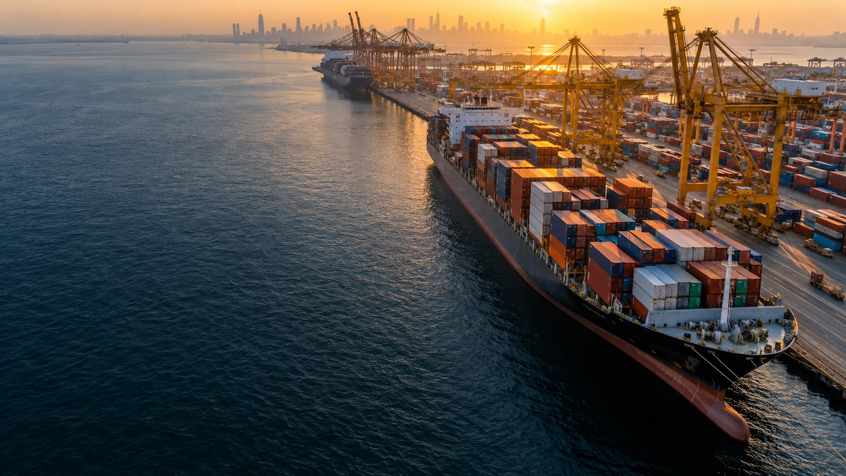 Container ship and cranes at a global cargo port in golden morning light