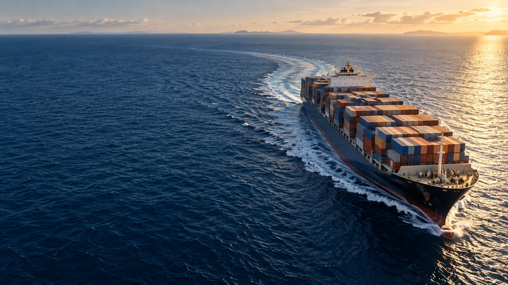 Container vessel crossing the deep blue open sea
