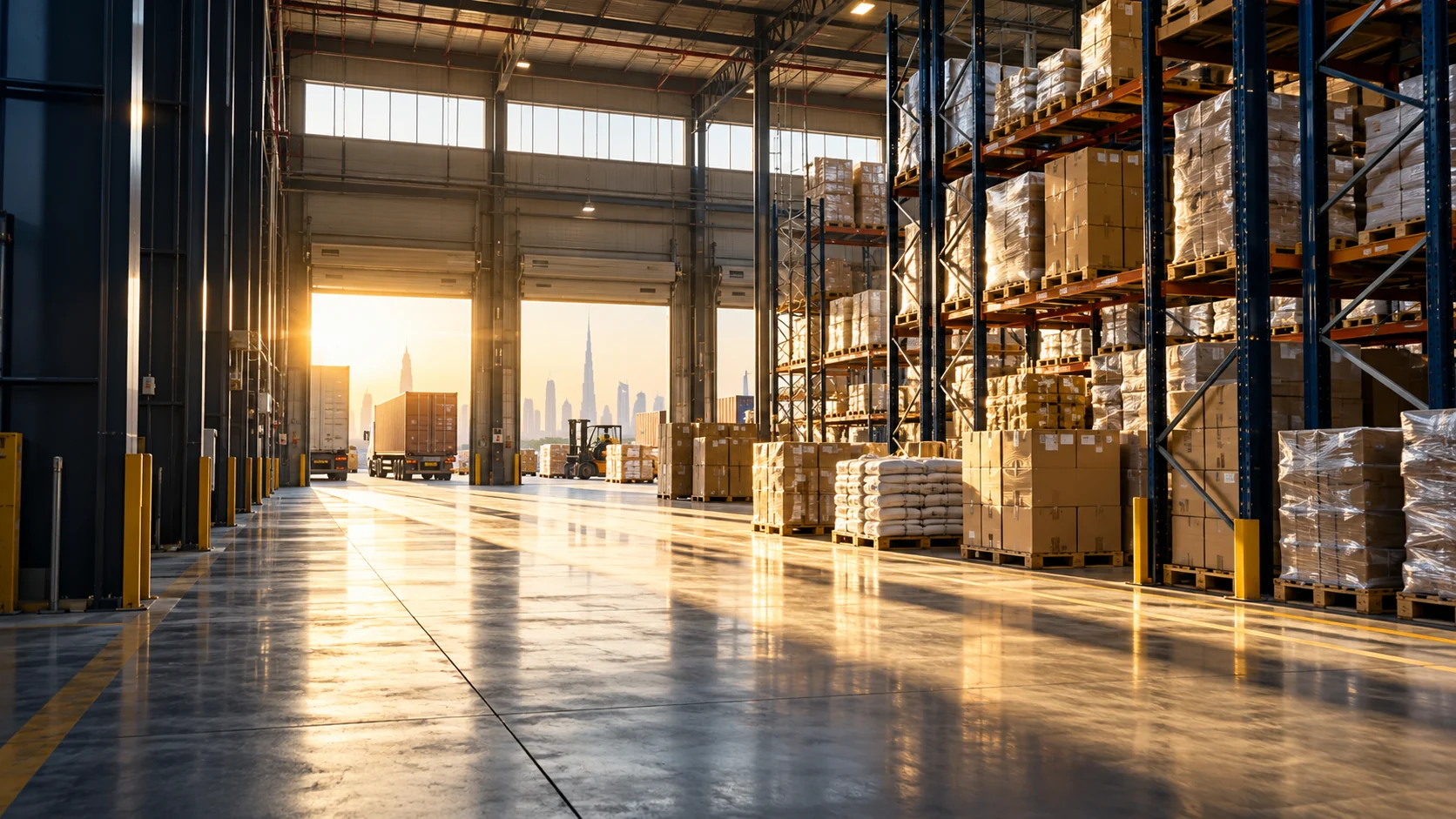 Organised export warehouse with palletised goods and warm sunlight